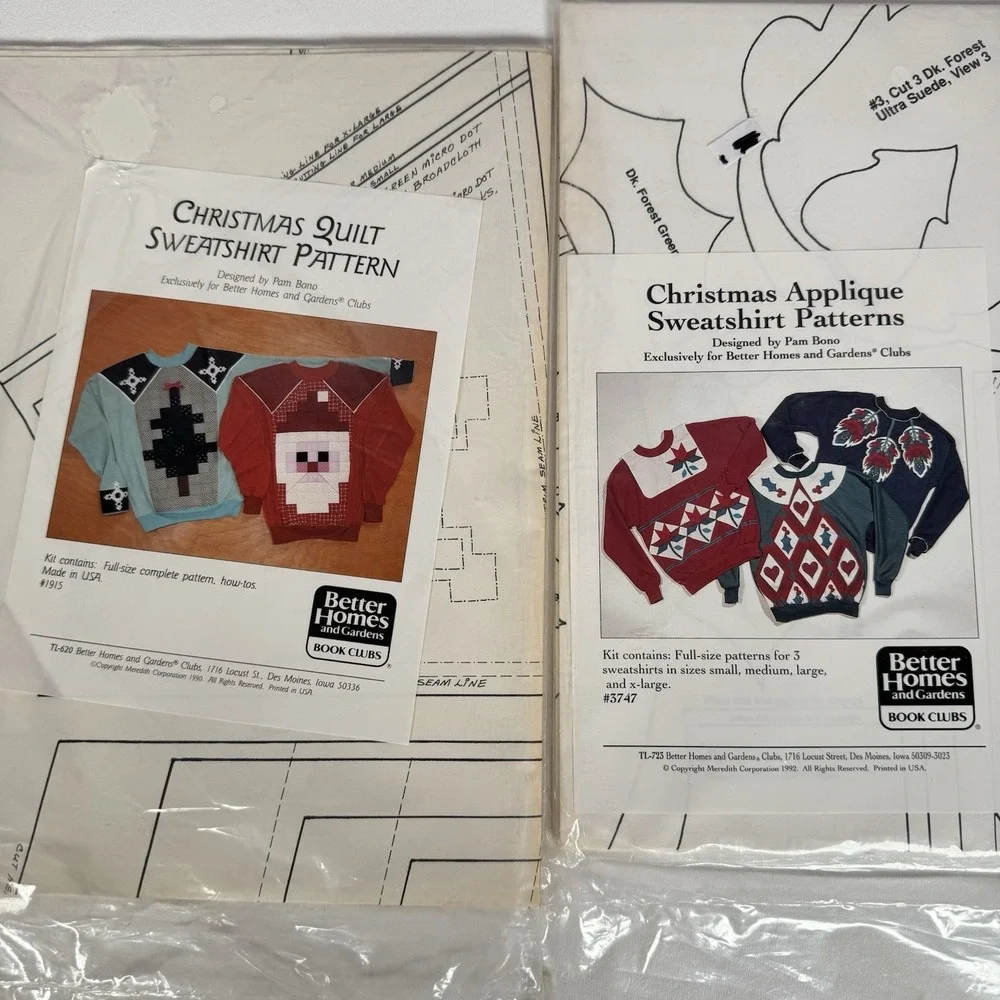 2 Vtg Sweatshirt Applique Patterns Christmas Santa Better Homes and Gardens 90s